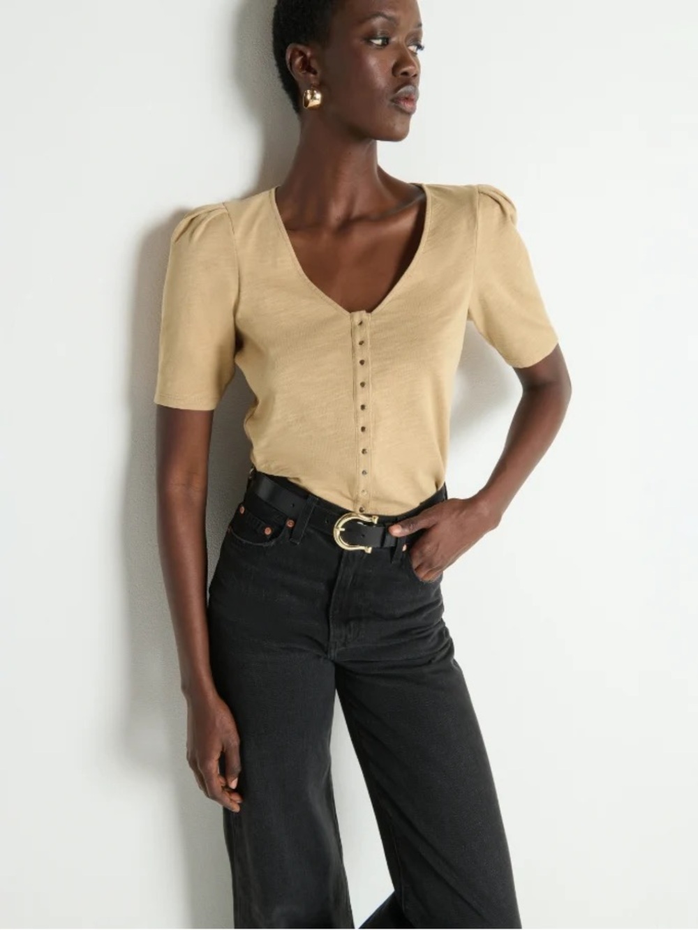 Nation Los Angeles Tan Button-Front Puff Sleeve Top